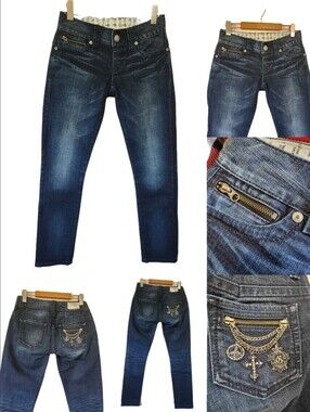 Vintage Guess Daredevil Skinny Jeans Y2K McBling Embellished Rhinestone Chain 27